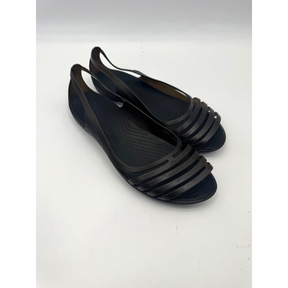 Crocs Isabella Huarache Flats Black Strappy Slip On Sandals 10 Iconic Comfort